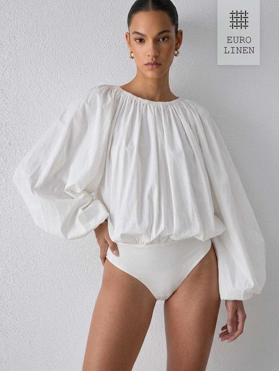 ATUI Studio Bodysuit Lengan Lentera Warna Polos Kasual Wanita - Putih - View 1