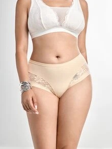 Slumbrini 1pc Plus Size Women High Waist Lace Panties, Comfortable & Snug Fit, Full Coverage, Lifting Effect, Soft & Cozy, Basic Daily Wear - Champagne - View 4