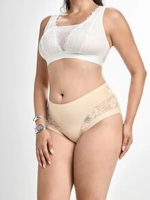 Slumbrini 1pc Plus Size Women High Waist Lace Panties, Comfortable & Snug Fit, Full Coverage, Lifting Effect, Soft & Cozy, Basic Daily Wear - Champagne - View 3