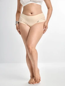 Slumbrini 1pc Plus Size Women High Waist Lace Panties, Comfortable & Snug Fit, Full Coverage, Lifting Effect, Soft & Cozy, Basic Daily Wear - Champagne - View 8