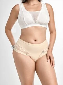 Slumbrini 1pc Plus Size Women High Waist Lace Panties, Comfortable & Snug Fit, Full Coverage, Lifting Effect, Soft & Cozy, Basic Daily Wear - Champagne - View 5