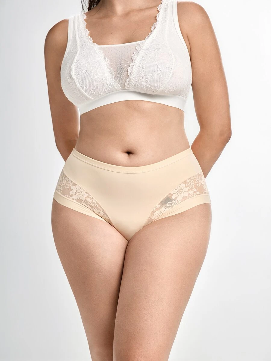 Slumbrini 1pc Plus Size Women High Waist Lace Panties, Comfortable & Snug Fit, Full Coverage, Lifting Effect, Soft & Cozy, Basic Daily Wear - Champagne - View 1