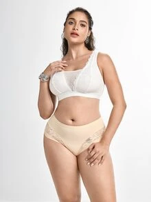 Slumbrini 1pc Plus Size Women High Waist Lace Panties, Comfortable & Snug Fit, Full Coverage, Lifting Effect, Soft & Cozy, Basic Daily Wear - Champagne - View 9