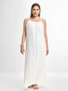 Slumbrini Plus Size Backless Women's Dress, Sexy Beach Sleepwear Dress, Women's White Dress, Women's Summer Casual Spaghetti Strap Dress, Home Wear Dress, Sun Dress, Y2K Dress For Women - White - View 4