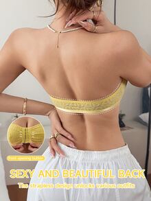 SHEIN 女款前扣式抓皺無肩帶胸罩，適合日常穿著 - 黃色 - 查看 2