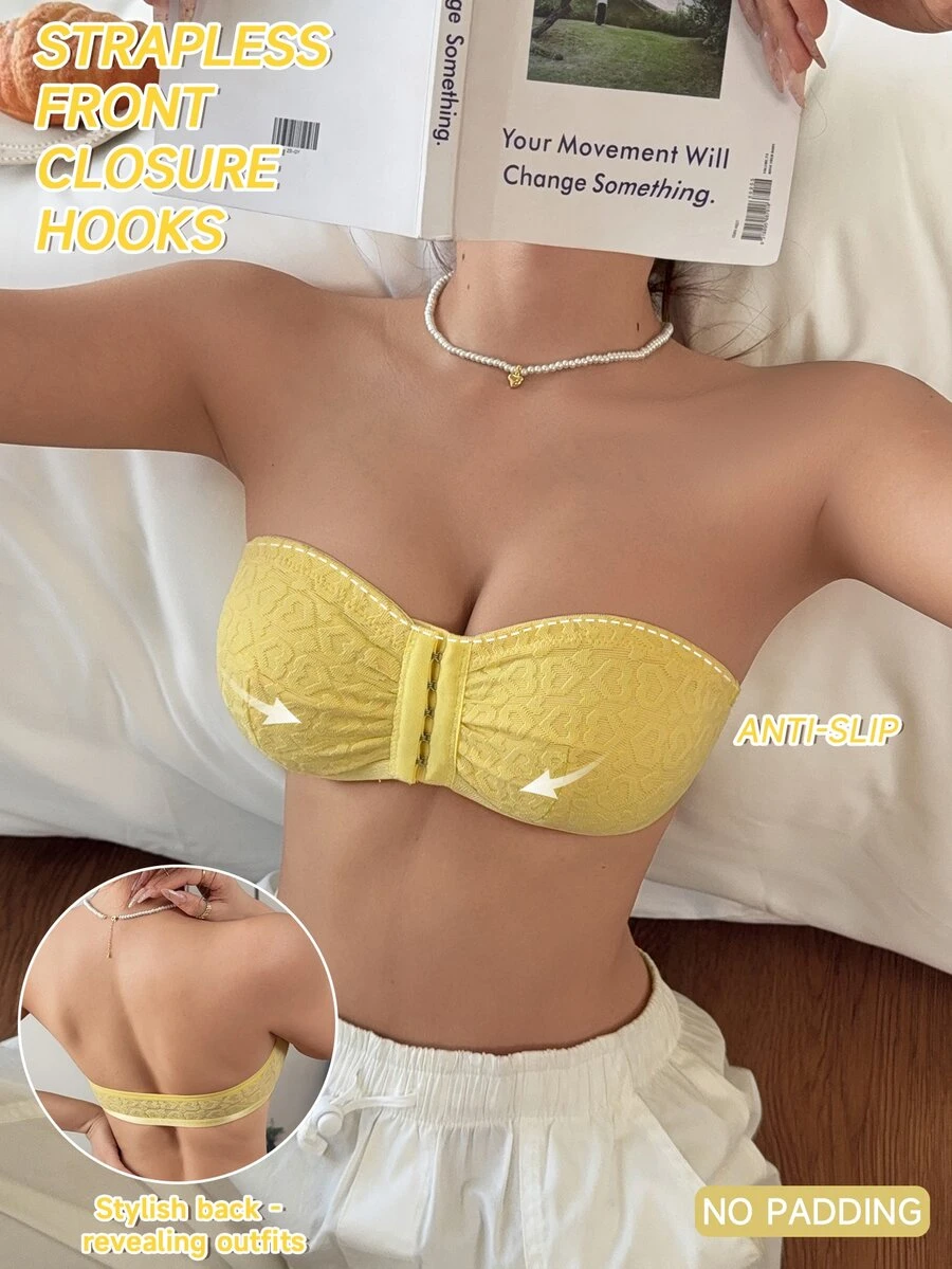SHEIN 女款前扣式抓皺無肩帶胸罩,適合日常穿著 - 黃色 - 查看 1