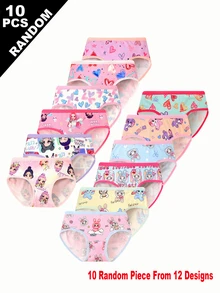 SHEIN (隨機10件) 女孩簡約時尚全印花卡通愛心兔子圖案三角內褲，少女內衣 - 彩色 - 查看 4