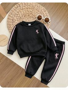 Cozy Pixies 女嬰秋冬可愛休閒黑色圓領長袖刺繡圖案拼接粉色蝴蝶結衛衣＋配套長褲2件套 - 黑色 - 查看 7