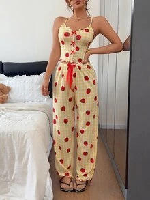 Napfluff 甜美草莓格紋細肩帶睡衣套裝 2件組 - 黃色 - 查看 3