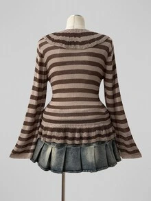 Sunspun Plus Size Women's Vintage Distressed Style Coffee Apricot Striped Ruffle Trim Front Bow Loose Knit Cardigan, Suitable For Spring/Summer/Autumn Outfits, Perfect For Vacation/Daily Commute Wear - Black and White - View 2