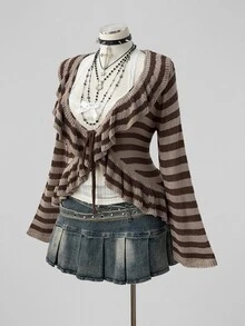 Sunspun Plus Size Women's Vintage Distressed Style Coffee Apricot Striped Ruffle Trim Front Bow Loose Knit Cardigan, Suitable For Spring/Summer/Autumn Outfits, Perfect For Vacation/Daily Commute Wear - Black and White - View 6