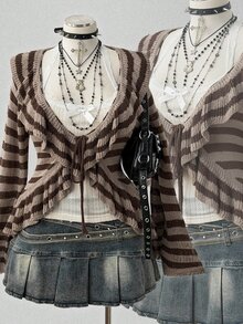 Sunspun Plus Size Women's Vintage Distressed Style Coffee Apricot Striped Ruffle Trim Front Bow Loose Knit Cardigan, Suitable For Spring/Summer/Autumn Outfits, Perfect For Vacation/Daily Commute Wear - Black and White - View 1