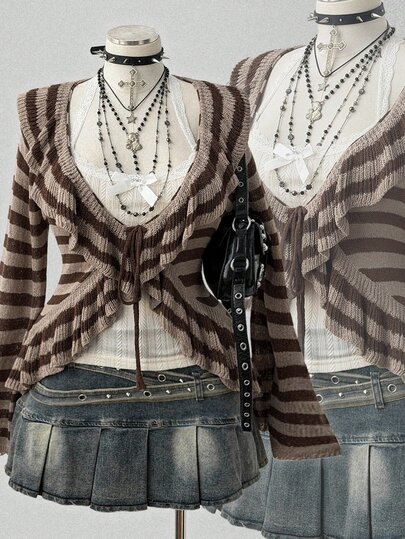 Sunspun Plus Size Women's Vintage Distressed Style Coffee Apricot Striped Ruffle Trim Front Bow Loose Knit Cardigan, Suitable For Spring/Summer/Autumn Outfits, Perfect For Vacation/Daily Commute Wear