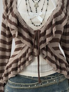 Sunspun Plus Size Women's Vintage Distressed Style Coffee Apricot Striped Ruffle Trim Front Bow Loose Knit Cardigan, Suitable For Spring/Summer/Autumn Outfits, Perfect For Vacation/Daily Commute Wear - Black and White - View 3