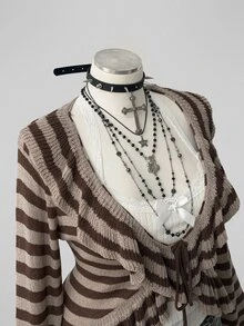 Sunspun Plus Size Women's Vintage Distressed Style Coffee Apricot Striped Ruffle Trim Front Bow Loose Knit Cardigan, Suitable For Spring/Summer/Autumn Outfits, Perfect For Vacation/Daily Commute Wear - Black and White - View 4