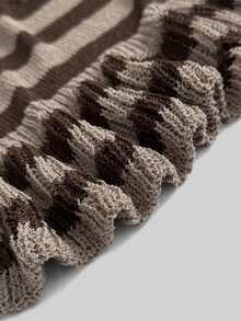 Sunspun Plus Size Women's Vintage Distressed Style Coffee Apricot Striped Ruffle Trim Front Bow Loose Knit Cardigan, Suitable For Spring/Summer/Autumn Outfits, Perfect For Vacation/Daily Commute Wear - Black and White - View 7