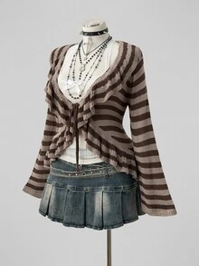 Sunspun Plus Size Women's Vintage Distressed Style Coffee Apricot Striped Ruffle Trim Front Bow Loose Knit Cardigan, Suitable For Spring/Summer/Autumn Outfits, Perfect For Vacation/Daily Commute Wear - Black and White - View 5