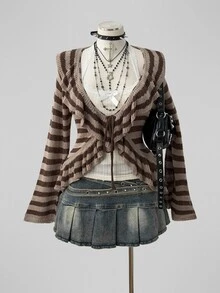 Sunspun Plus Size Women's Vintage Distressed Style Coffee Apricot Striped Ruffle Trim Front Bow Loose Knit Cardigan, Suitable For Spring/Summer/Autumn Outfits, Perfect For Vacation/Daily Commute Wear - Black and White - View 8