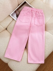 SHEIN 女童粉色寬腿牛仔褲，春夏新品，舒適純棉牛仔布，甜美可愛紅心刺繡彈性腰頭口袋，寬鬆直筒水洗牛仔長褲，適合戶外玩耍、夏季度假、日常穿著 - 粉色 - 查看 2