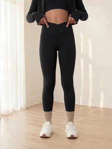 SHEIN 青少年女孩運動緊身褲，黑色長款運動瑜伽褲，底層褲，瑜伽休閒百搭必備單品，秋冬季，健身房 - 黑色 - 查看 5