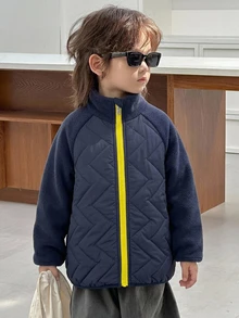 DAZY Young Boys Loose Thick Stand Collar Colorblock Quilted Casual Padded Coat, Autumn/Winter - Navy Blue - View 3