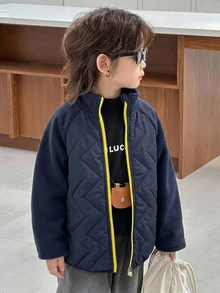 DAZY Young Boys Loose Thick Stand Collar Colorblock Quilted Casual Padded Coat, Autumn/Winter - Navy Blue - View 2