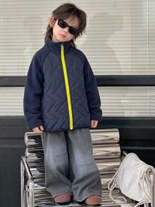 DAZY Young Boys Loose Thick Stand Collar Colorblock Quilted Casual Padded Coat, Autumn/Winter - Navy Blue - View 6