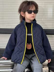 DAZY Young Boys Loose Thick Stand Collar Colorblock Quilted Casual Padded Coat, Autumn/Winter - Navy Blue - View 1