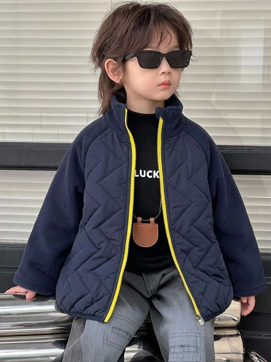 DAZY Young Boys Loose Thick Stand Collar Colorblock Quilted Casual Padded Coat, Autumn/Winter - Navy Blue - View 1
