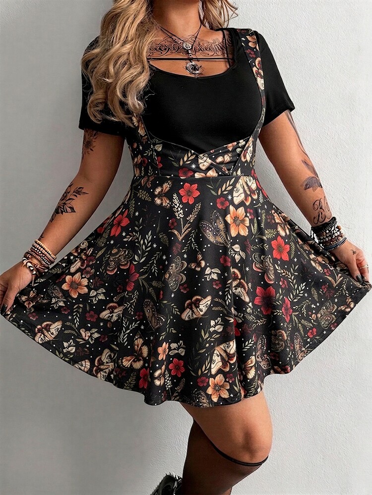 Whyspr Plus Size Black Faux Suspenders Gothic Dark Forest Mushroom Butterfly Print 2 In 1 Short Sleeve Cinched Waist Slimming Fit Plus Size Summer Dark Gothic Style Dark Aesthetic Cinched Waist A-Line Skirt Minimalist Cinched Waist Slimming Fit - Black - View 5
