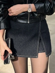 DAZY 女款時尚百搭側開衩裙褲街頭風 - 藏蓝色 - 查看 2