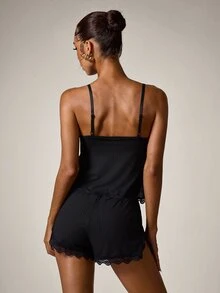 2pcs Lace Panel Cami Top And Shorts Pajama Set, Summer Sleepwear Set, Suitable For Valentine's Day, Wedding, Party And Home Wear, For Her - Black - View 2