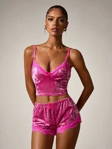 2 Potong Set Piyama Wanita Leher V Warna Polos, Atasan Halter Leher V dengan Hiasan Renda dan Celana Pendek Pinggang Ikat, Set Pakaian Santai yang Nyaman dan Lembut - Purple - View 9