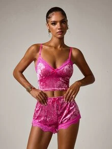 2 Potong Set Piyama Wanita Leher V Warna Polos, Atasan Halter Leher V dengan Hiasan Renda dan Celana Pendek Pinggang Ikat, Set Pakaian Santai yang Nyaman dan Lembut - Purple - View 4