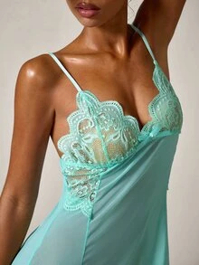 Women's Sexy Lingerie Nightgown, Silk Lace Camisole Dress, Sleepwear - Mint Green - View 4