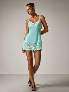 Women's Sexy Lingerie Nightgown, Silk Lace Camisole Dress, Sleepwear - Mint Green - View 7
