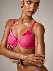 Women's Sexy Sheer Lace Half Cup Bra, Unpadded Mesh Underwire Camisole Style Lingerie - Hot Pink - View 5