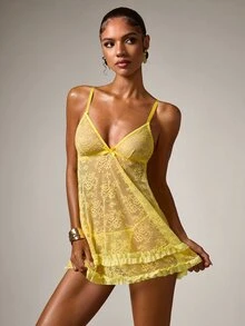 Comfortable Semi-Sheer Lace Slip Dress With Adjustable Straps And Matching Lace Thong Sexy Nightgown - Yellow - View 1