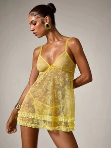 Comfortable Semi-Sheer Lace Slip Dress With Adjustable Straps And Matching Lace Thong Sexy Nightgown - Yellow - View 4