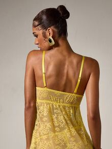 Comfortable Semi-Sheer Lace Slip Dress With Adjustable Straps And Matching Lace Thong Sexy Nightgown - Yellow - View 2