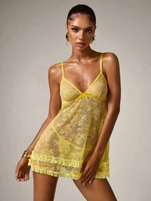 Comfortable Semi-Sheer Lace Slip Dress With Adjustable Straps And Matching Lace Thong Sexy Nightgown - Yellow - View 5