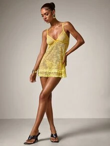 Comfortable Semi-Sheer Lace Slip Dress With Adjustable Straps And Matching Lace Thong Sexy Nightgown - Yellow - View 8