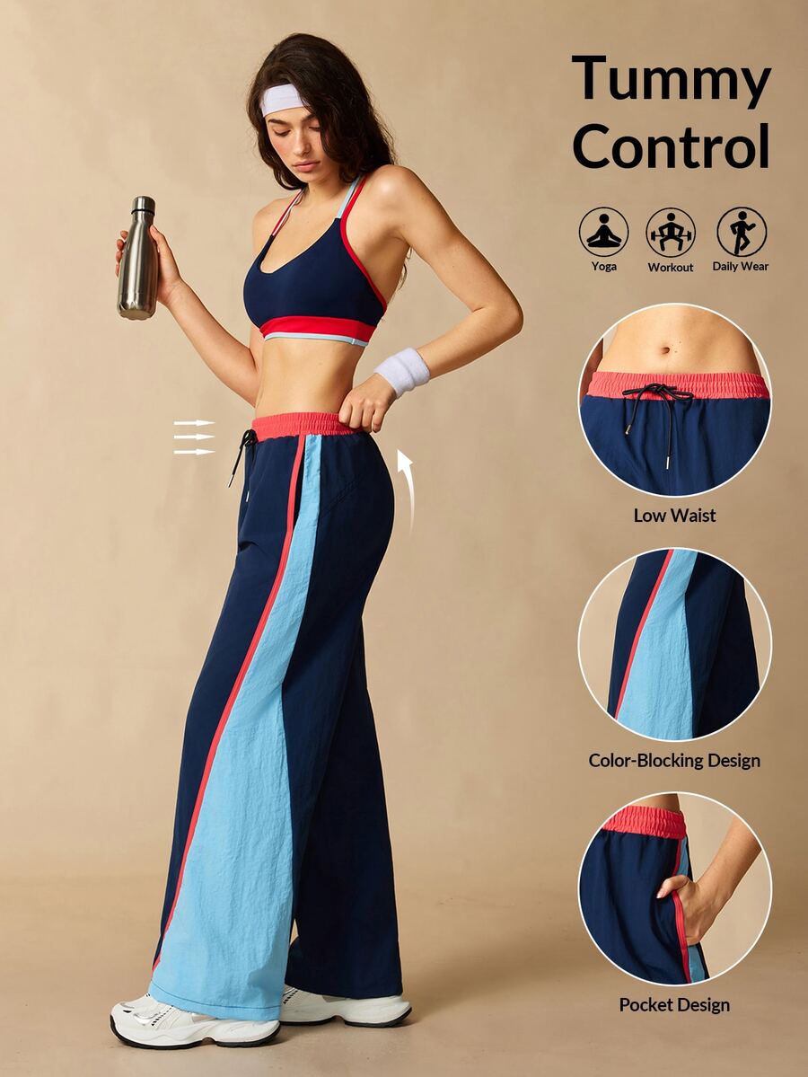 VARSIVA Women's Drawstring Waist Colorblock Casual Wide Leg Pants For Daily Wear