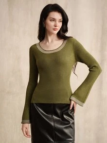 Anewsta Desain Busana Mewah Musim Gugur/Dingin Prancis, Gaya Malam yang Elegan dan Canggih, Sweater Rajut Pas Badan dengan Benang Emas dan Payet dari Wol. - Olive Green - View 6
