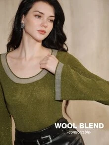 Anewsta Desain Busana Mewah Musim Gugur/Dingin Prancis, Gaya Malam yang Elegan dan Canggih, Sweater Rajut Pas Badan dengan Benang Emas dan Payet dari Wol. - Olive Green - View 2