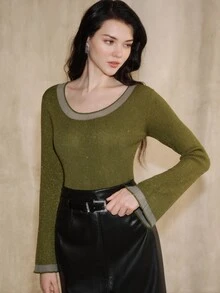 Anewsta Desain Busana Mewah Musim Gugur/Dingin Prancis, Gaya Malam yang Elegan dan Canggih, Sweater Rajut Pas Badan dengan Benang Emas dan Payet dari Wol. - Olive Green - View 7