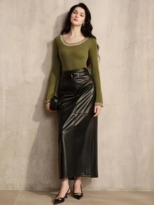 Anewsta Desain Busana Mewah Musim Gugur/Dingin Prancis, Gaya Malam yang Elegan dan Canggih, Sweater Rajut Pas Badan dengan Benang Emas dan Payet dari Wol. - Olive Green - View 5