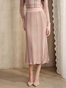 Anewsta Women's Colorful Striped Knit Long Skirt, Commuter Casual Design Midi Skirt - Pink - View 6