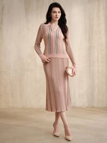 Anewsta Women's Colorful Striped Knit Long Skirt, Commuter Casual Design Midi Skirt - Pink - View 5