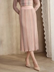 Anewsta Women's Colorful Striped Knit Long Skirt, Commuter Casual Design Midi Skirt - Pink - View 4